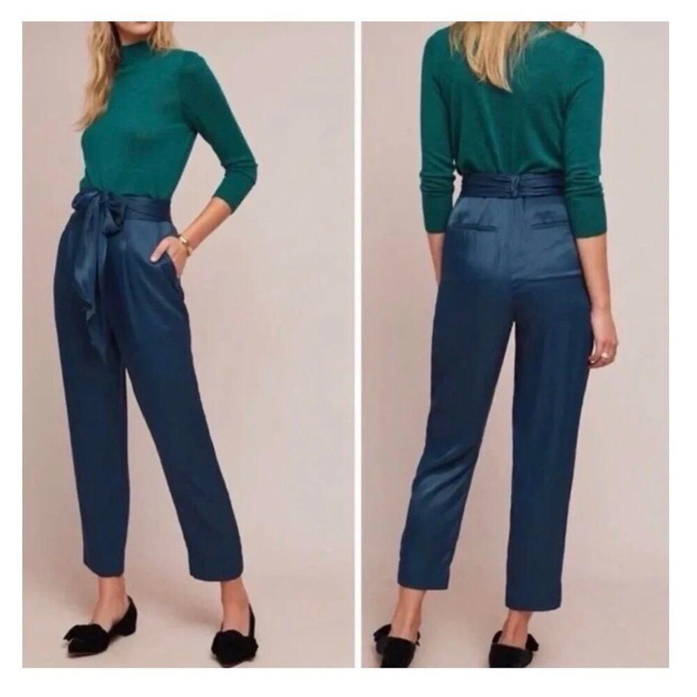 Anthro Turquoise Blue Satin Tie Waist Party Holiday Trousers Pants Size 4
